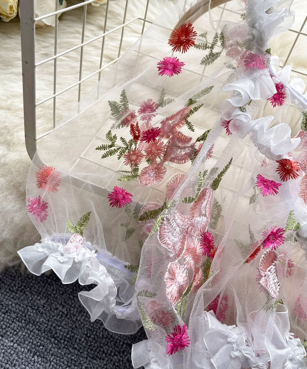 Enchanted Floral Embroidered Puff Sleeve Crop Top | Whimsical Tie-Front Party & Festival Top