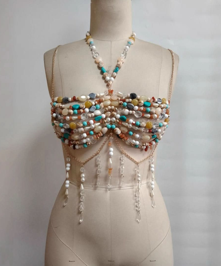 Artisan Gemstone Halter Top | Mermaid Goddess Beaded Body Chain for Resort Wear & Festivals