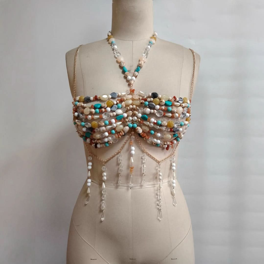 Artisan Gemstone Halter Top | Mermaid Goddess Beaded Body Chain for Resort Wear & Festivals