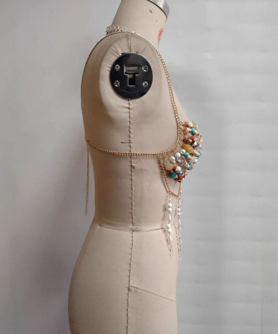 Artisan Gemstone Halter Top | Mermaid Goddess Beaded Body Chain for Resort Wear & Festivals