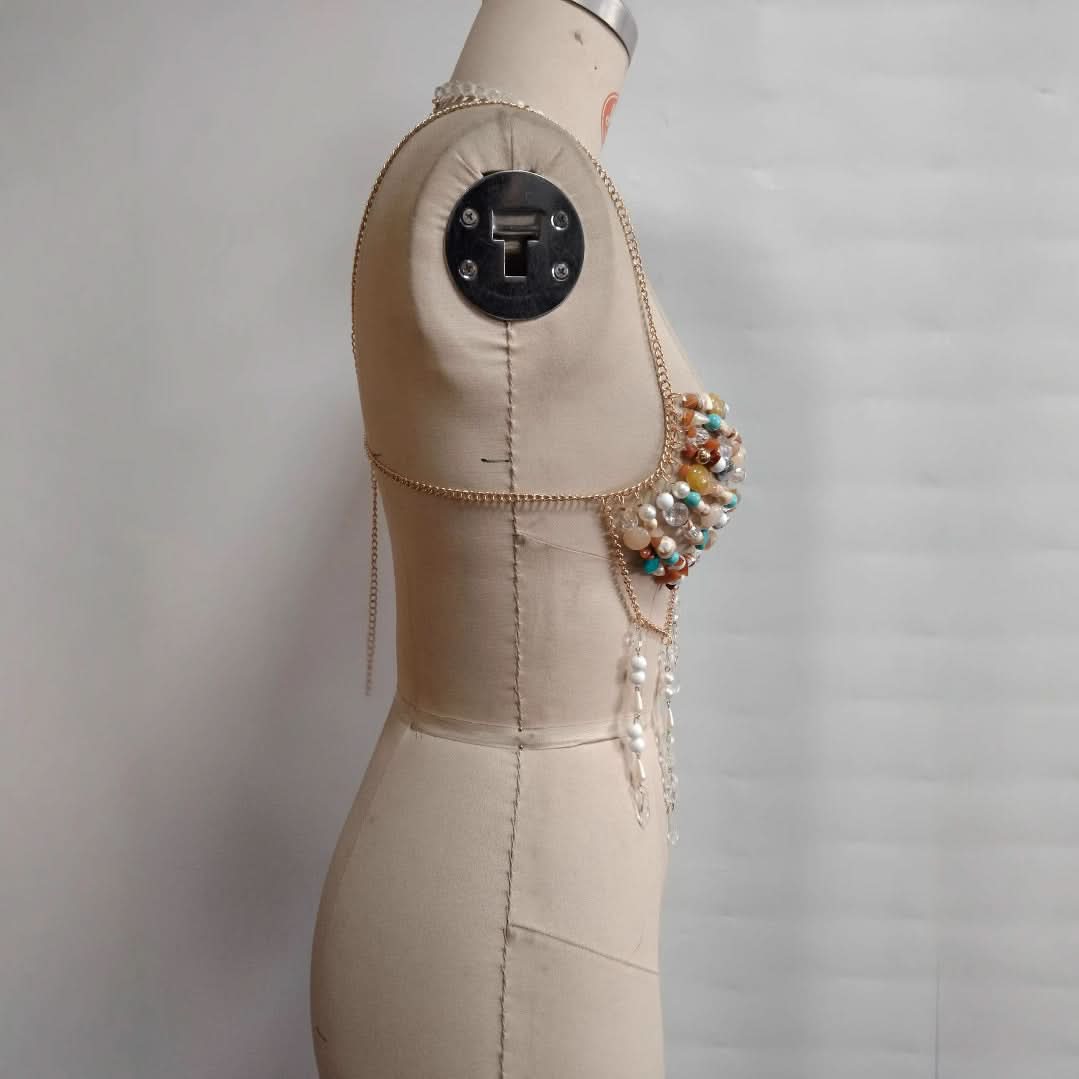 Artisan Gemstone Halter Top | Mermaid Goddess Beaded Body Chain for Resort Wear & Festivals