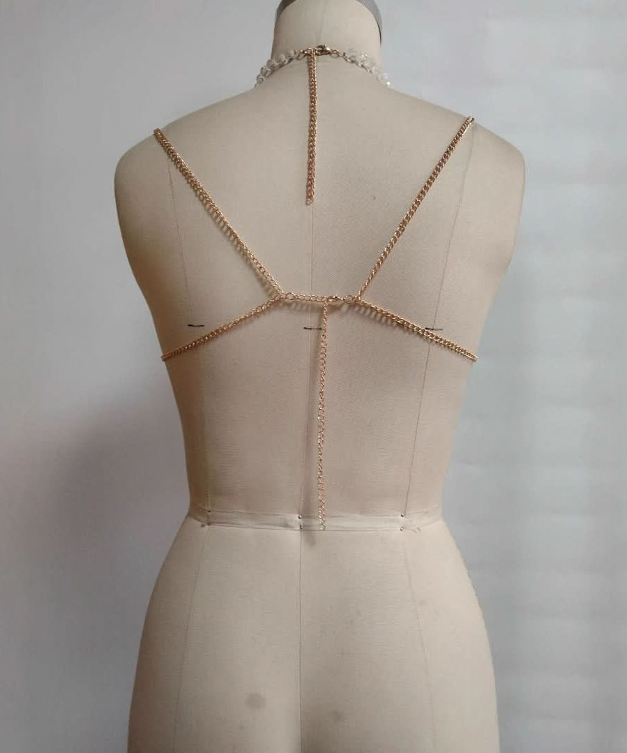 Artisan Gemstone Halter Top | Mermaid Goddess Beaded Body Chain for Resort Wear & Festivals