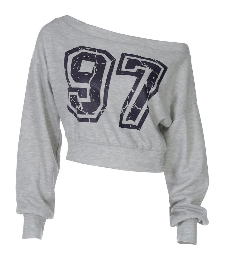Cozy Fall '97' Distressed Off-Shoulder Crop Sweatshirt - Athleisure Chic for Women