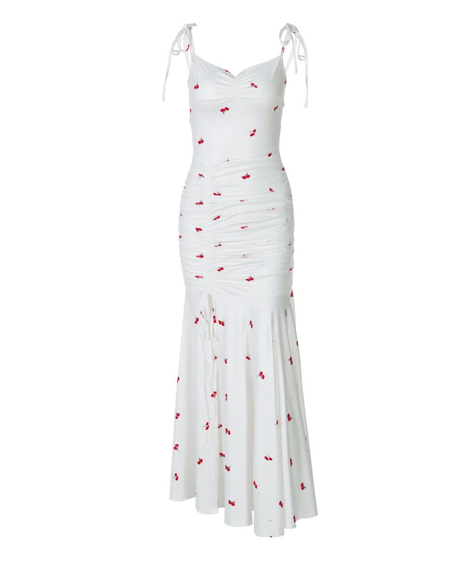 Sweet Cherry Tie-Shoulder Ruched Maxi Dress - Your Go-To for Sunny Escapes & Chic Style