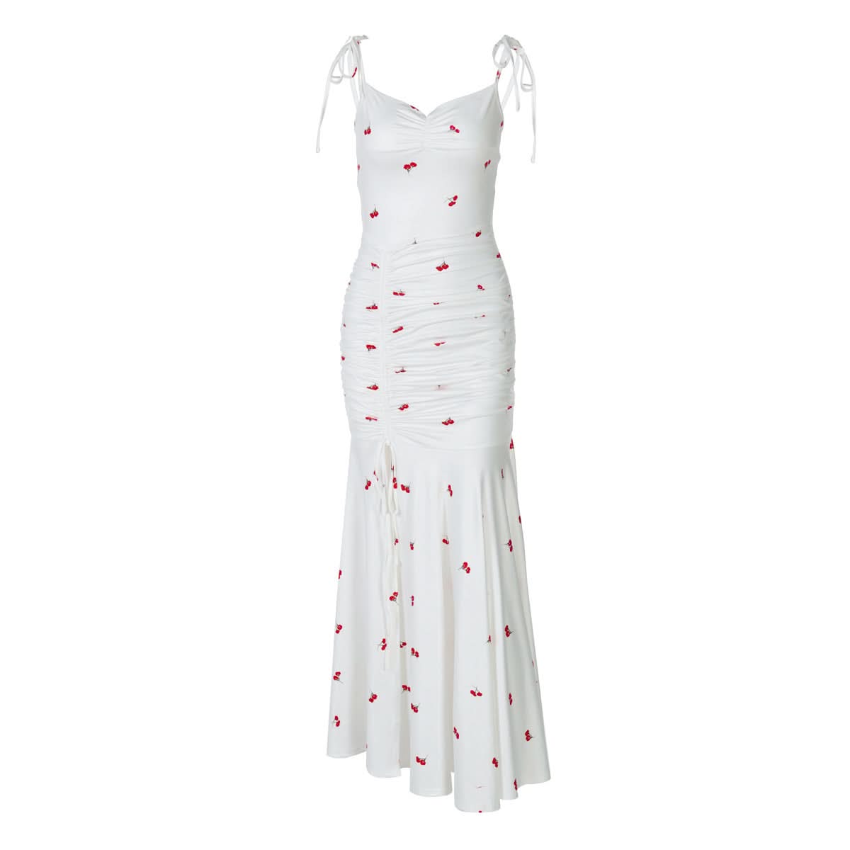 Sweet Cherry Tie-Shoulder Ruched Maxi Dress - Your Go-To for Sunny Escapes & Chic Style