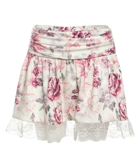 Autumn Bloom Floral Mini Skirt with Delicate Lace Hem | Ruched Comfort