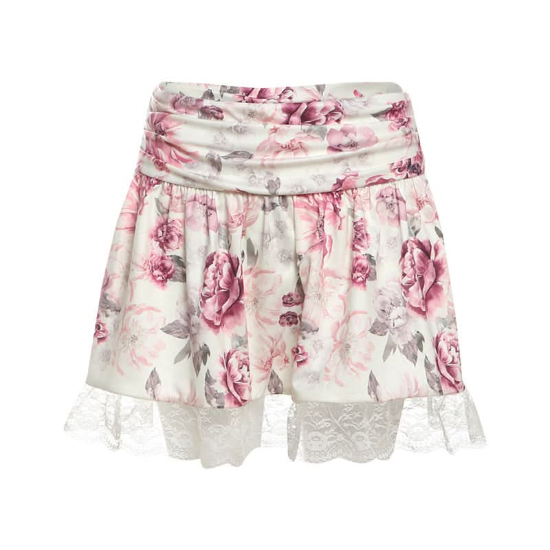 Autumn Bloom Floral Mini Skirt with Delicate Lace Hem | Ruched Comfort