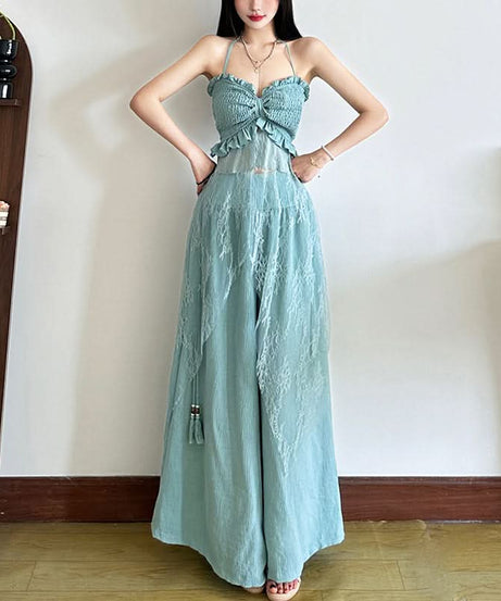 Ethereal Lace Overlay Wide-Leg Pants - High-Rise Flowy Palazzo for Fall Elegance