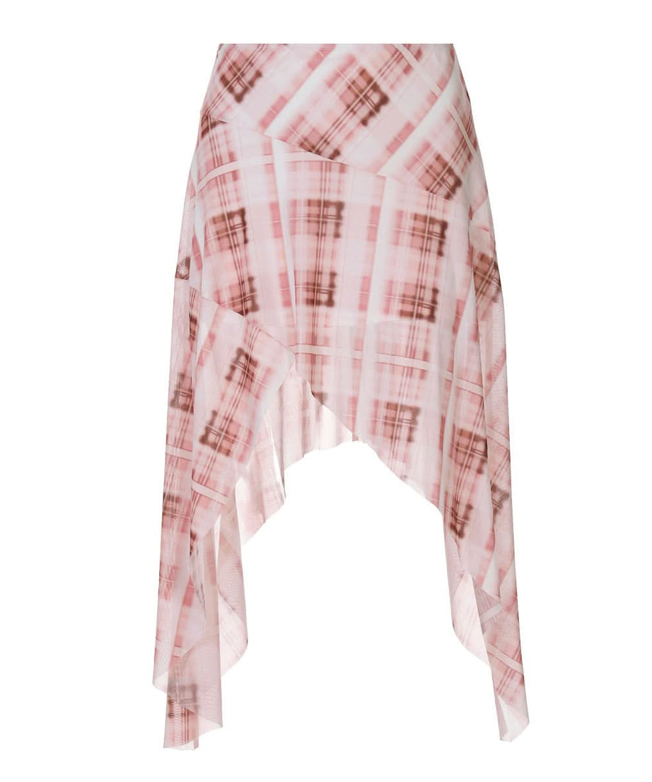 Fall Ready: Blush Plaid Asymmetrical Midi Skirt - Effortlessly Chic Handkerchief Hem