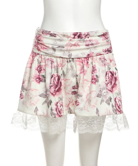 Autumn Bloom Floral Mini Skirt with Delicate Lace Hem | Ruched Comfort