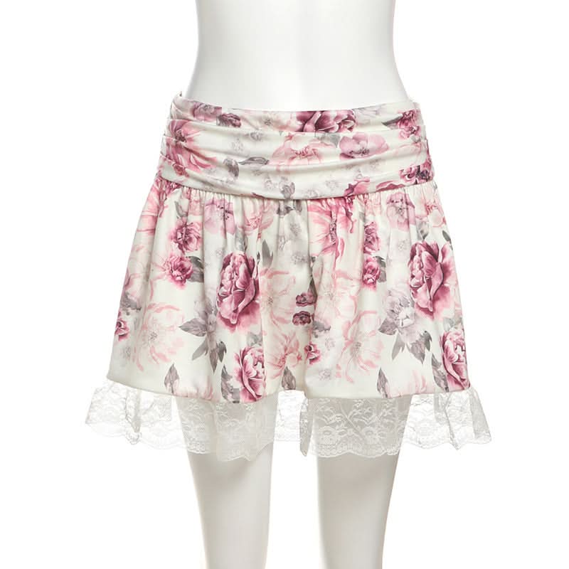 Autumn Bloom Floral Mini Skirt with Delicate Lace Hem | Ruched Comfort