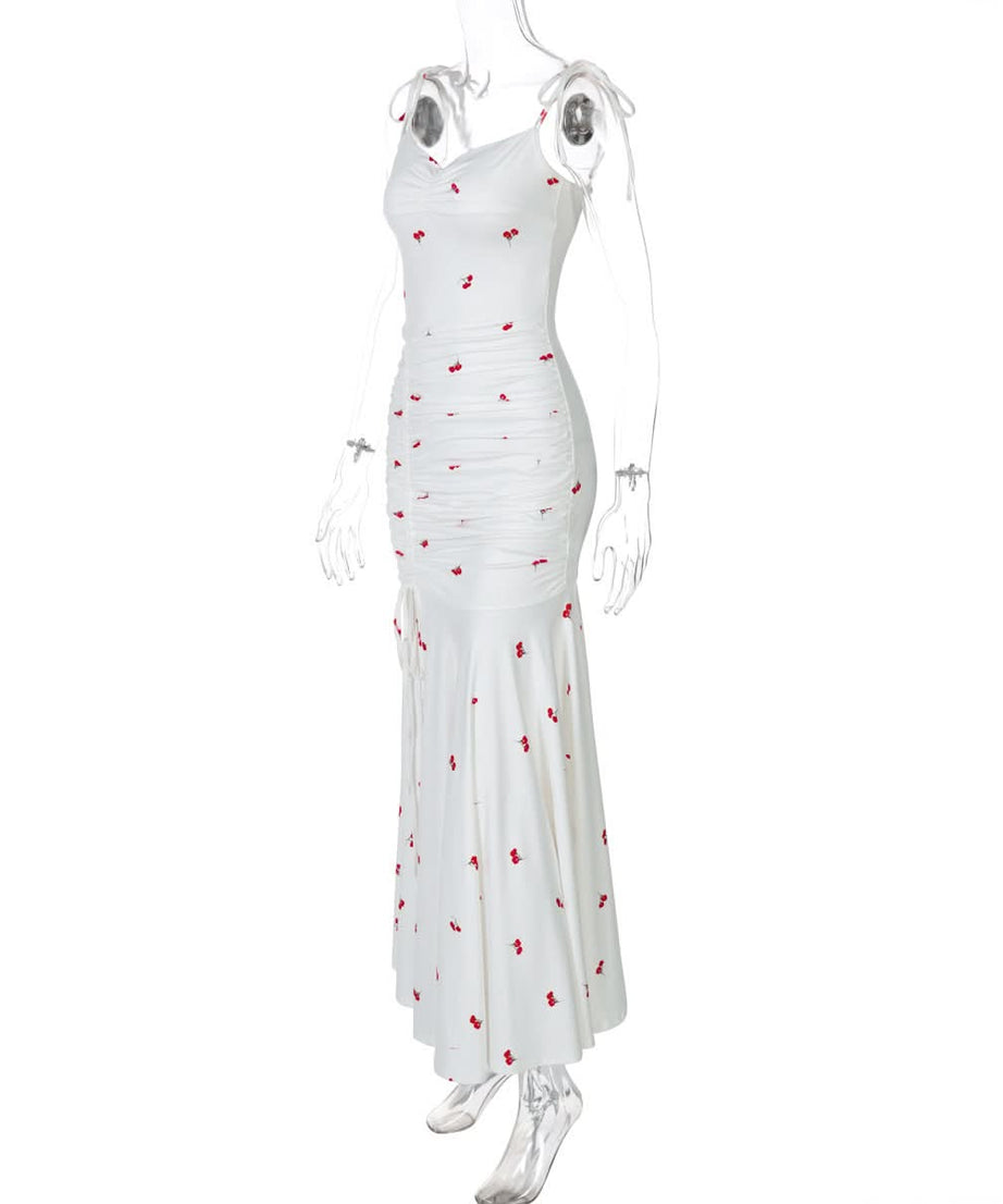 Sweet Cherry Tie-Shoulder Ruched Maxi Dress - Your Go-To for Sunny Escapes & Chic Style