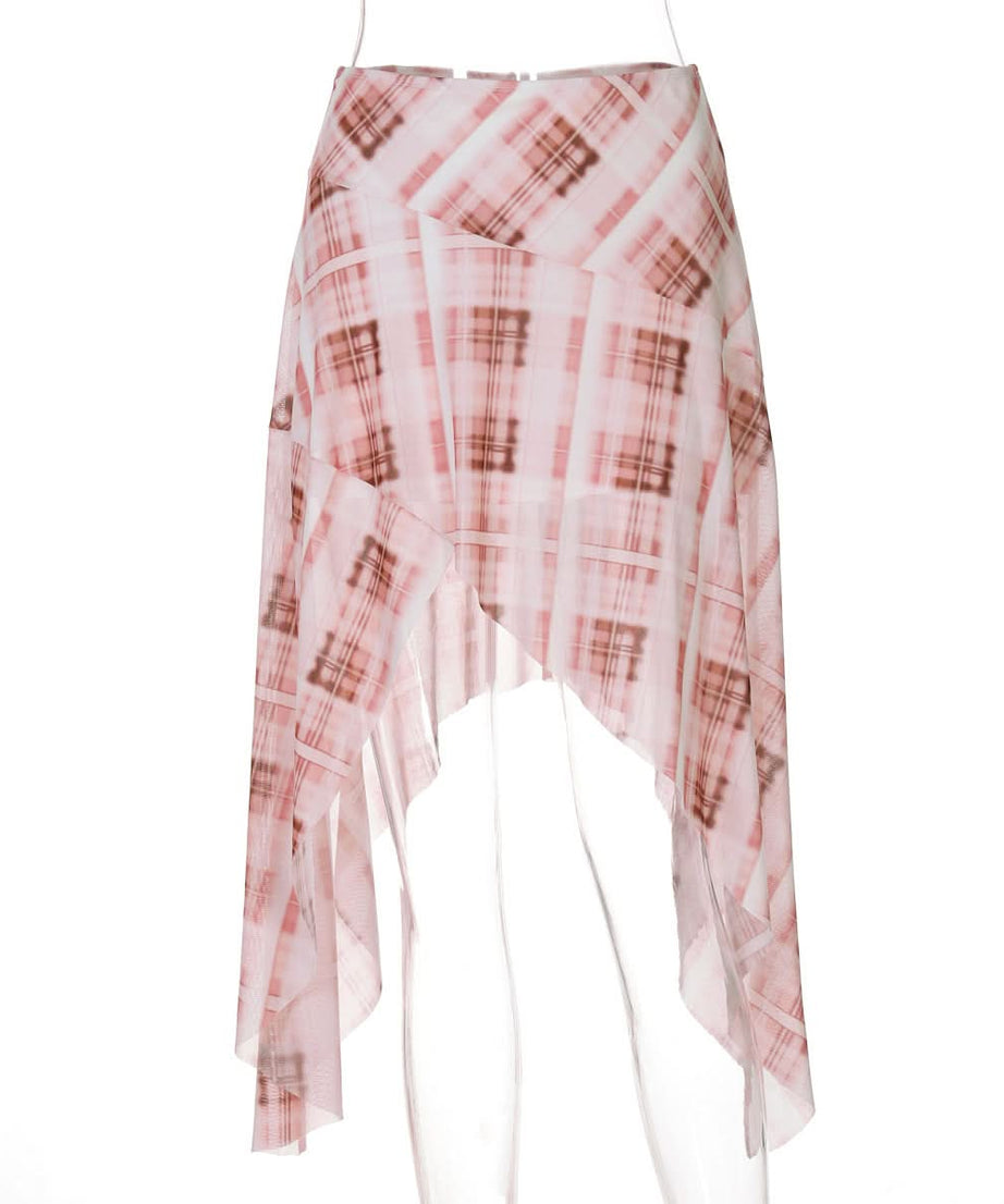 Fall Ready: Blush Plaid Asymmetrical Midi Skirt - Effortlessly Chic Handkerchief Hem