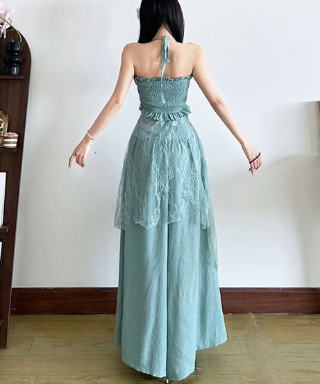 Ethereal Lace Overlay Wide-Leg Pants - High-Rise Flowy Palazzo for Fall Elegance