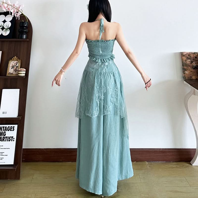 Ethereal Lace Overlay Wide-Leg Pants - High-Rise Flowy Palazzo for Fall Elegance