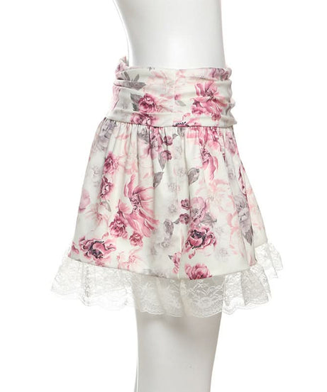 Autumn Bloom Floral Mini Skirt with Delicate Lace Hem | Ruched Comfort