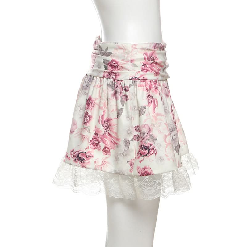 Autumn Bloom Floral Mini Skirt with Delicate Lace Hem | Ruched Comfort