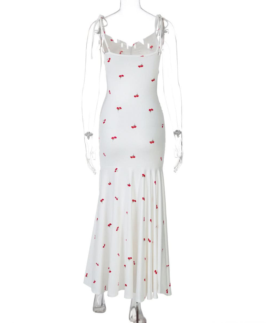 Sweet Cherry Tie-Shoulder Ruched Maxi Dress - Your Go-To for Sunny Escapes & Chic Style