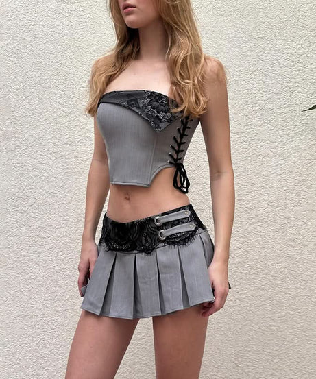 Asymmetrical Lace-Up Corset Tube Top - Edgy Fall Nights Out & Halloween Ready