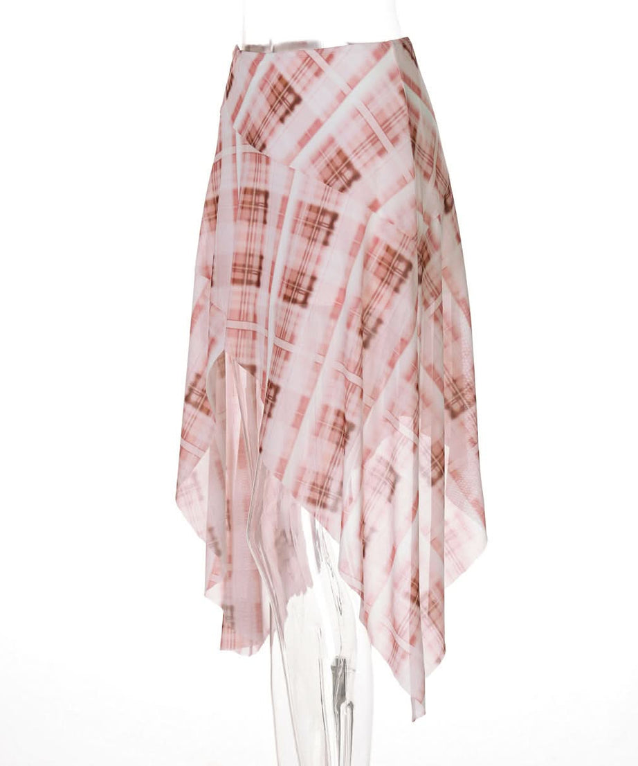 Fall Ready: Blush Plaid Asymmetrical Midi Skirt - Effortlessly Chic Handkerchief Hem