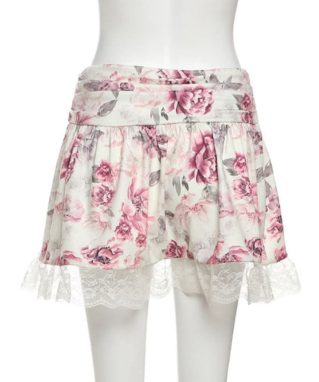 Autumn Bloom Floral Mini Skirt with Delicate Lace Hem | Ruched Comfort