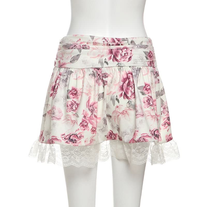 Autumn Bloom Floral Mini Skirt with Delicate Lace Hem | Ruched Comfort