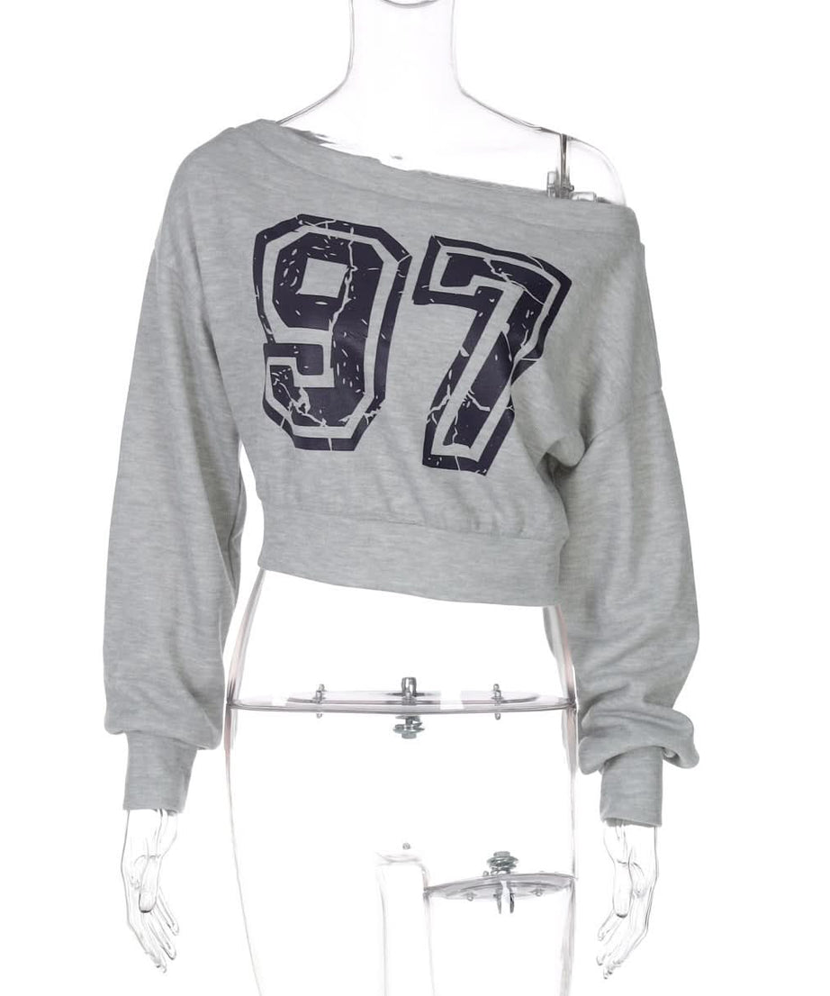 Cozy Fall '97' Distressed Off-Shoulder Crop Sweatshirt - Athleisure Chic for Women