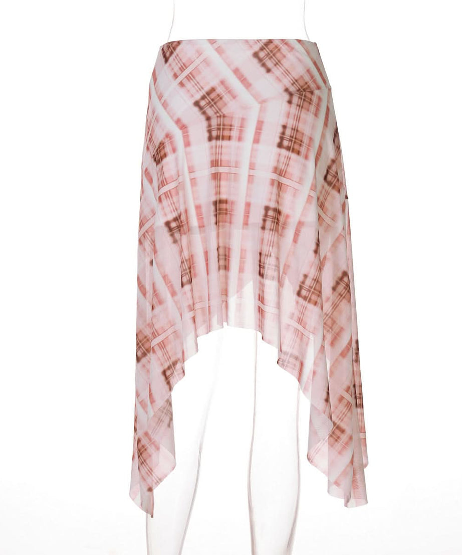 Fall Ready: Blush Plaid Asymmetrical Midi Skirt - Effortlessly Chic Handkerchief Hem