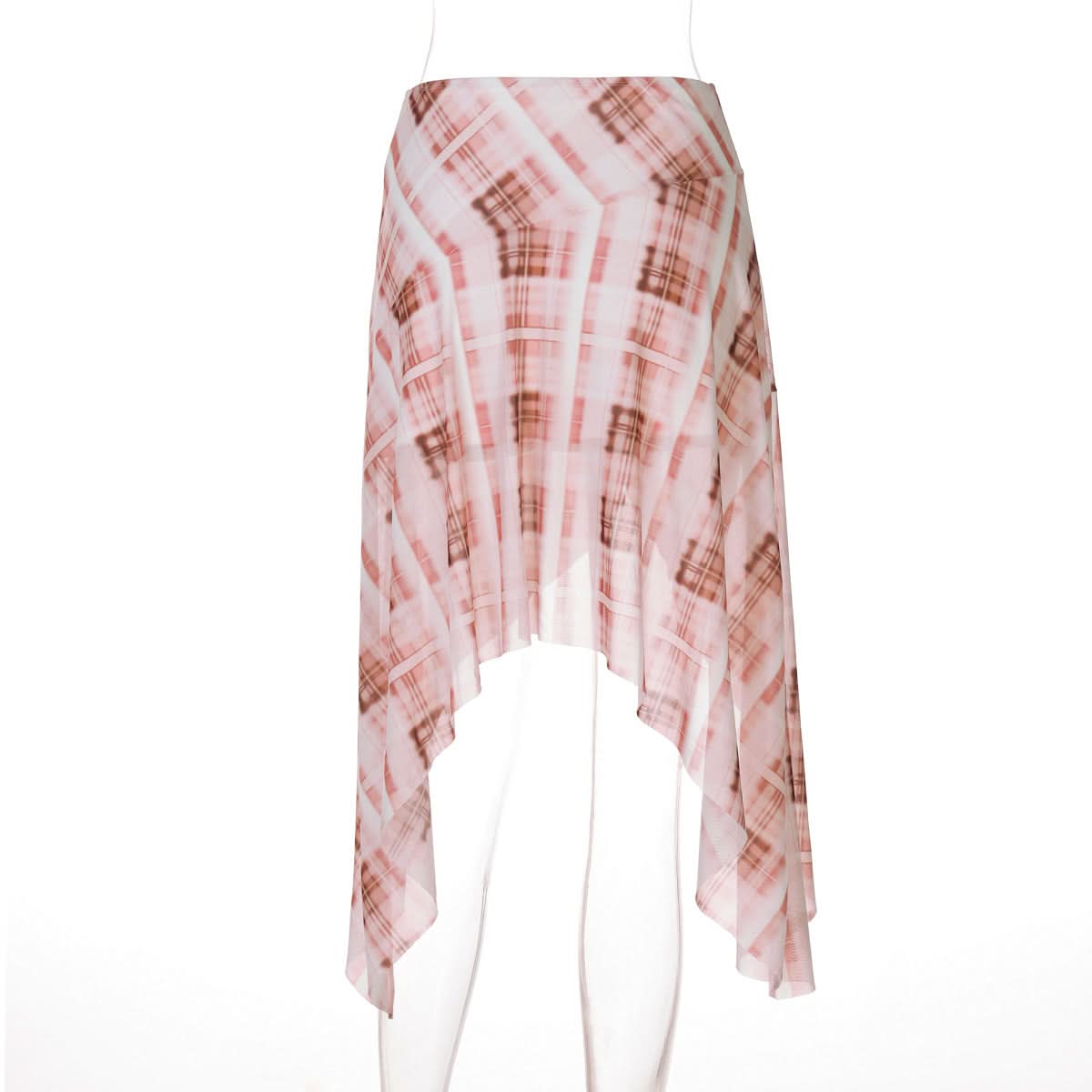 Fall Ready: Blush Plaid Asymmetrical Midi Skirt - Effortlessly Chic Handkerchief Hem