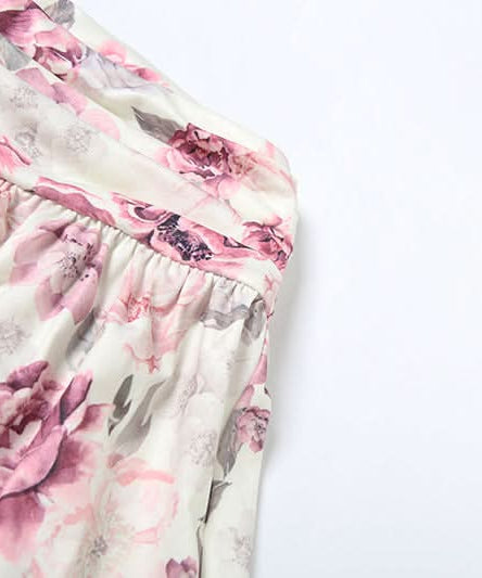 Autumn Bloom Floral Mini Skirt with Delicate Lace Hem | Ruched Comfort