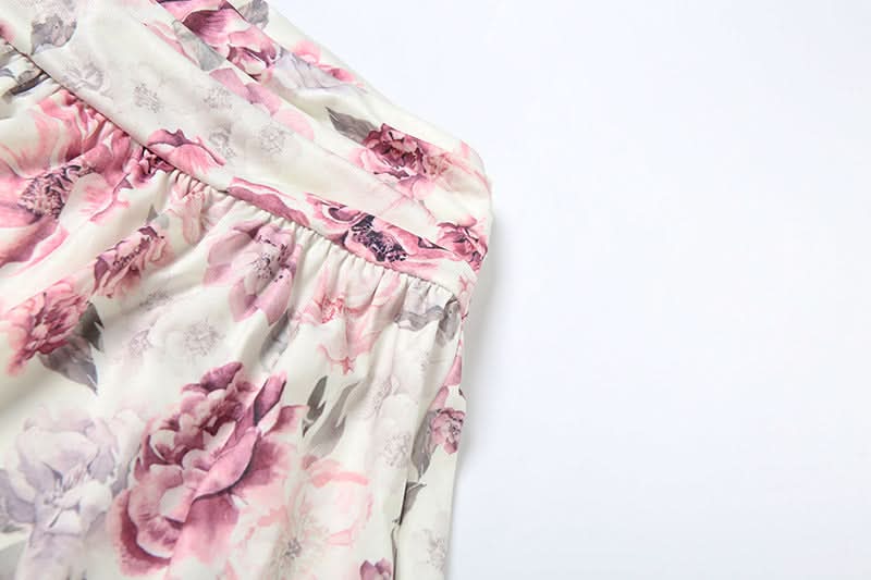 Autumn Bloom Floral Mini Skirt with Delicate Lace Hem | Ruched Comfort