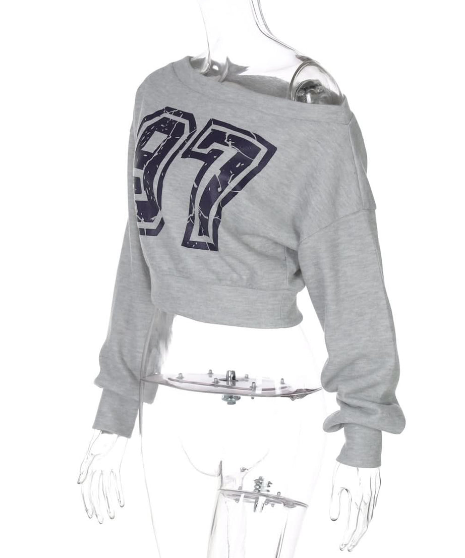 Cozy Fall '97' Distressed Off-Shoulder Crop Sweatshirt - Athleisure Chic for Women