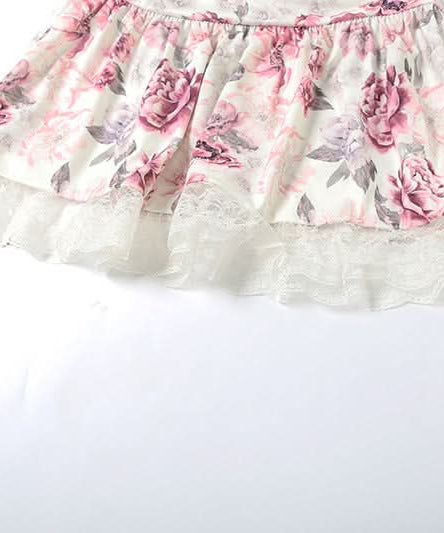 Autumn Bloom Floral Mini Skirt with Delicate Lace Hem | Ruched Comfort