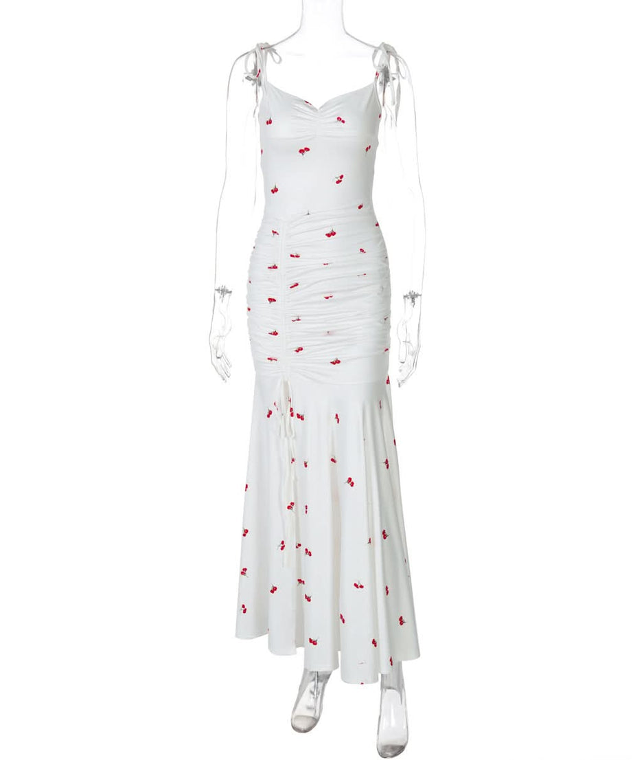 Sweet Cherry Tie-Shoulder Ruched Maxi Dress - Your Go-To for Sunny Escapes & Chic Style