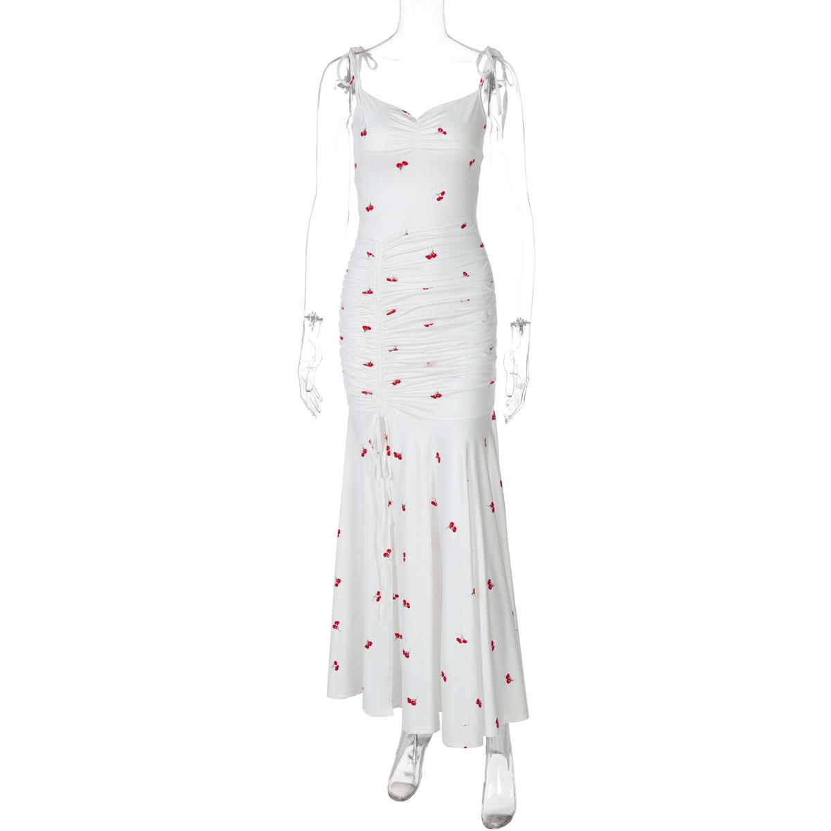 Sweet Cherry Tie-Shoulder Ruched Maxi Dress - Your Go-To for Sunny Escapes & Chic Style