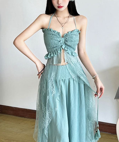 Sage Halter Smocked Top & Lace Palazzo Pants Set | Resort Chic for Fall Getaways