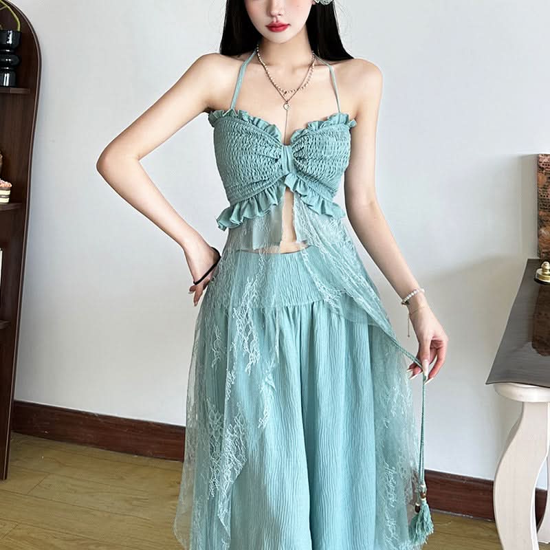 Sage Halter Smocked Top & Lace Palazzo Pants Set | Resort Chic for Fall Getaways