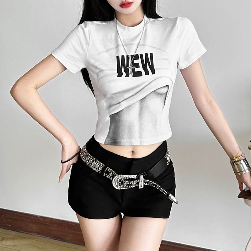 WEW Illusion Abs Crop Top | Edgy Y2K Graphic Tee for Fall & Halloween Street Style