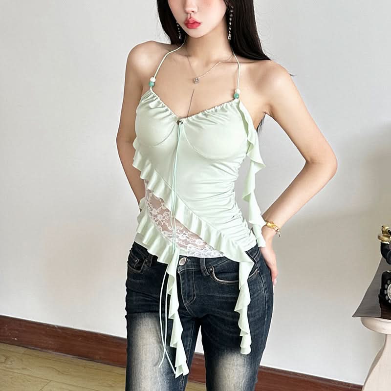 Y2K Fairycore Mint Ruffle & Lace Halter Top - Your Chic Fall Going-Out Essential