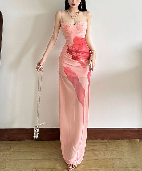 Autumn Bloom Lace Mesh Maxi Dress - Art-Inspired Elegance for Fall Soirées