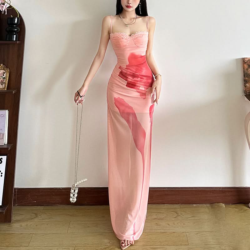 Autumn Bloom Lace Mesh Maxi Dress - Art-Inspired Elegance for Fall Soirées