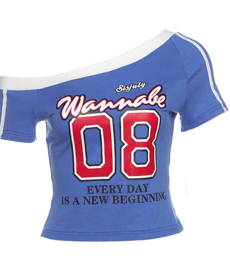 Chic 'Wannabe 08' One Shoulder Crop Top - Y2K Sporty Graphic Tee for Fall Style