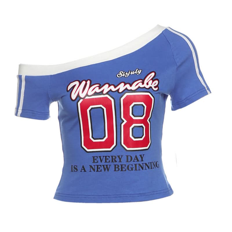Chic 'Wannabe 08' One Shoulder Crop Top - Y2K Sporty Graphic Tee for Fall Style