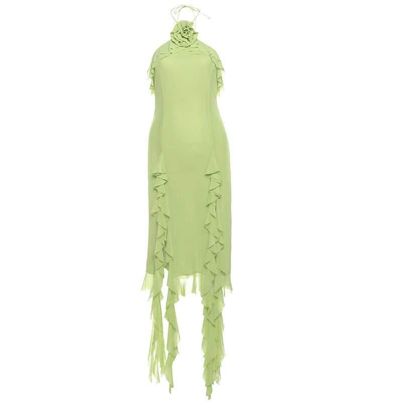 Pistachio Ruffle Halter Midi Dress with Floral Applique – Chic for Fall Events & Resort Getaways