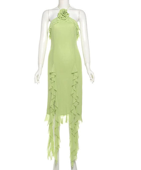 Pistachio Ruffle Halter Midi Dress with Floral Applique – Chic for Fall Events & Resort Getaways