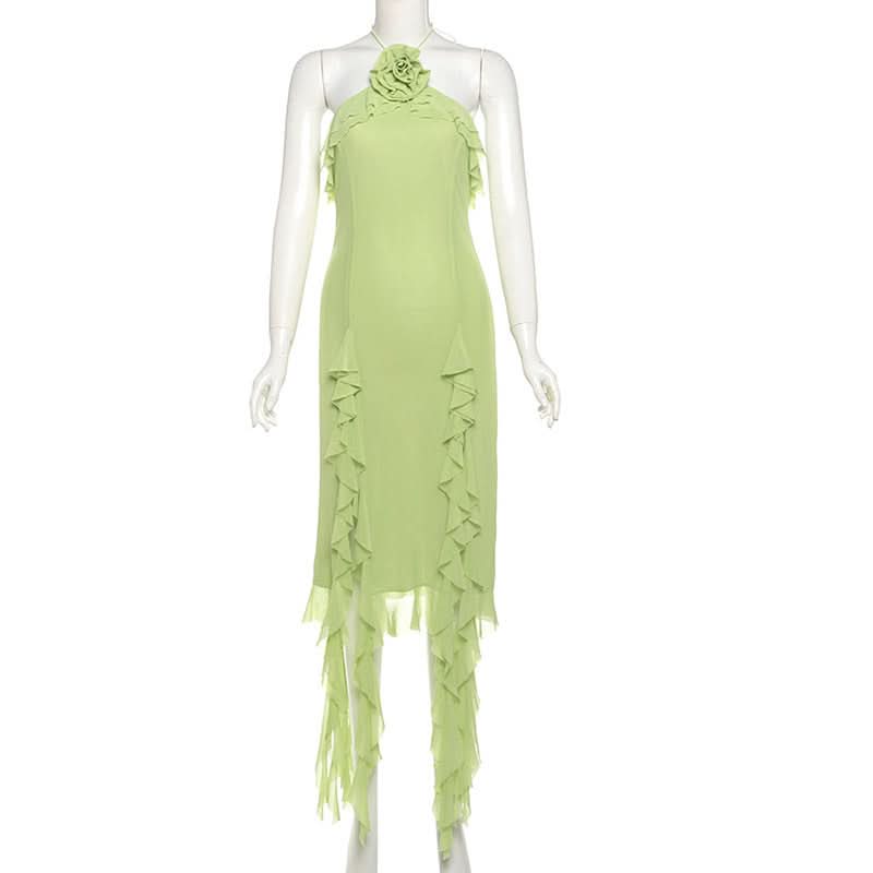 Pistachio Ruffle Halter Midi Dress with Floral Applique – Chic for Fall Events & Resort Getaways