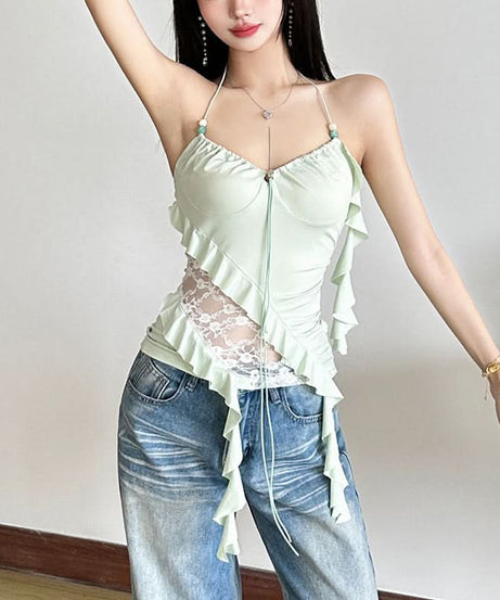 Y2K Fairycore Mint Ruffle & Lace Halter Top - Your Chic Fall Going-Out Essential