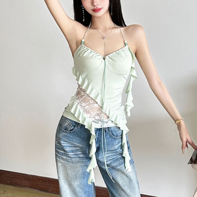 Y2K Fairycore Mint Ruffle & Lace Halter Top - Your Chic Fall Going-Out Essential