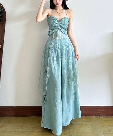 Sage Halter Smocked Top & Lace Palazzo Pants Set | Resort Chic for Fall Getaways
