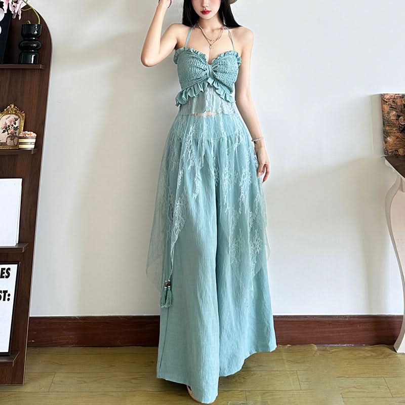 Sage Halter Smocked Top & Lace Palazzo Pants Set | Resort Chic for Fall Getaways